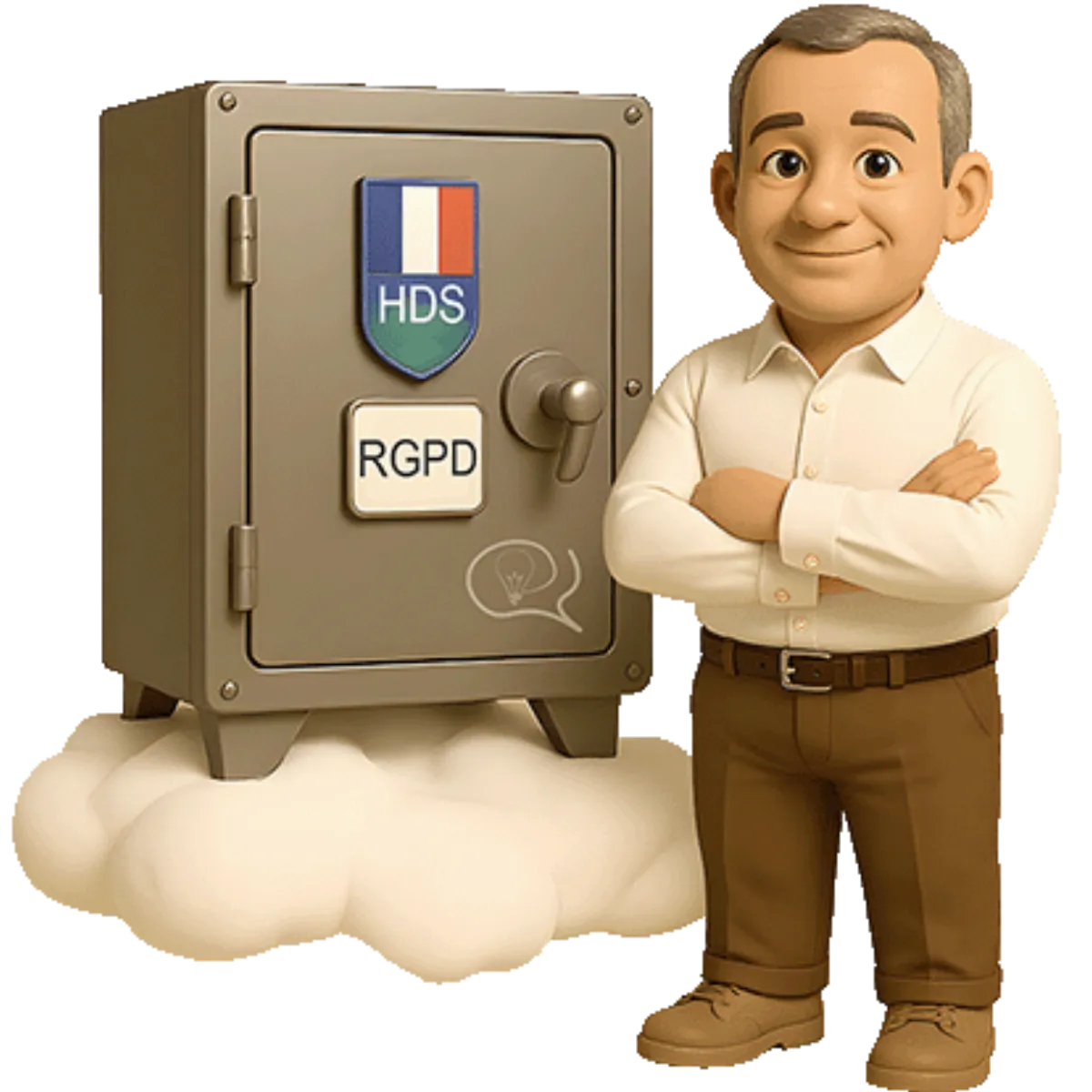 Un directeur devant un coffre-fort marqué HDS et RGPD