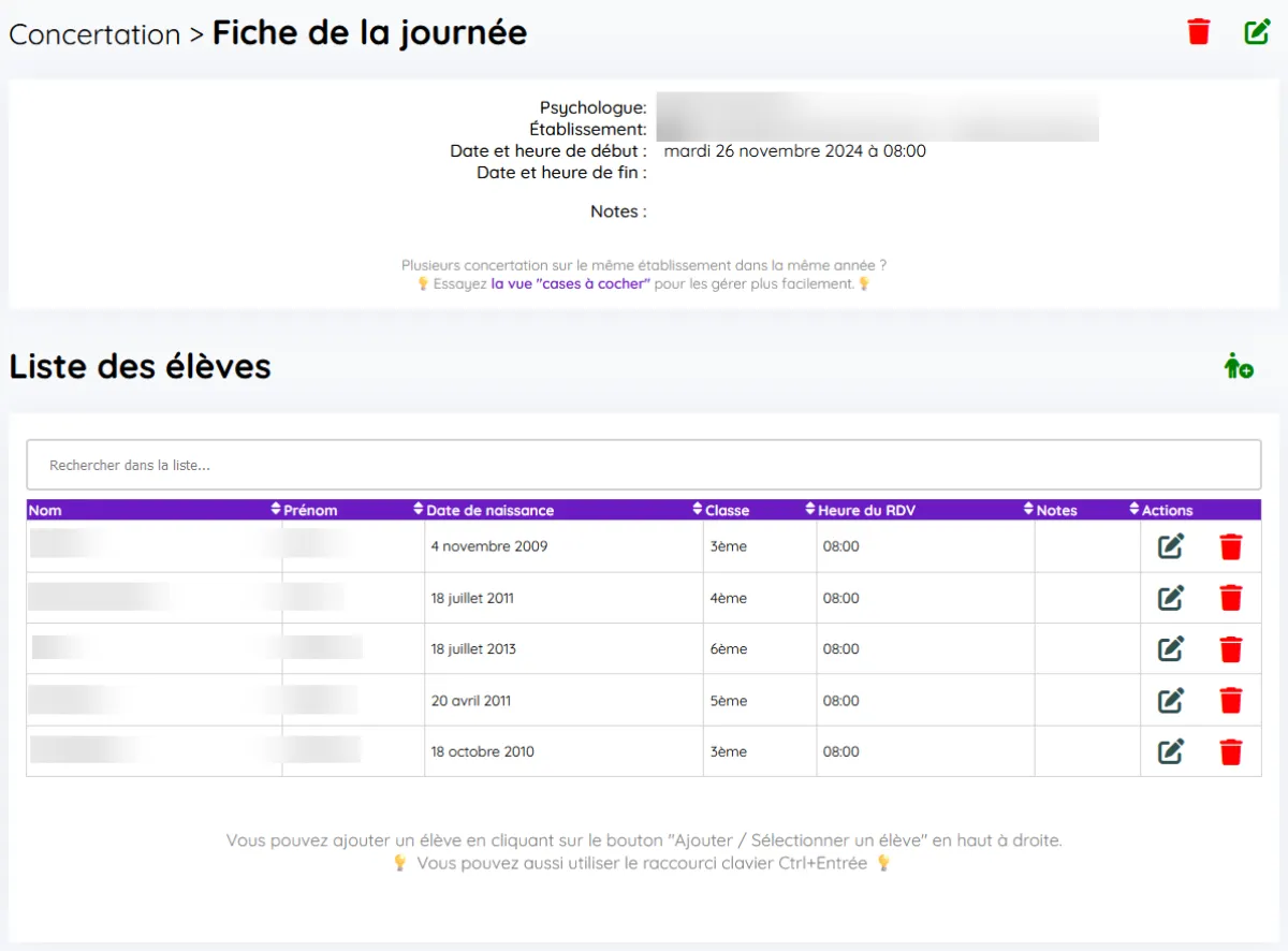 Fiche d'une journée de concertation : psychologue, établissement, horaires, puis la liste des élèves vus avec leur classe et leur heure de rendez-vous
