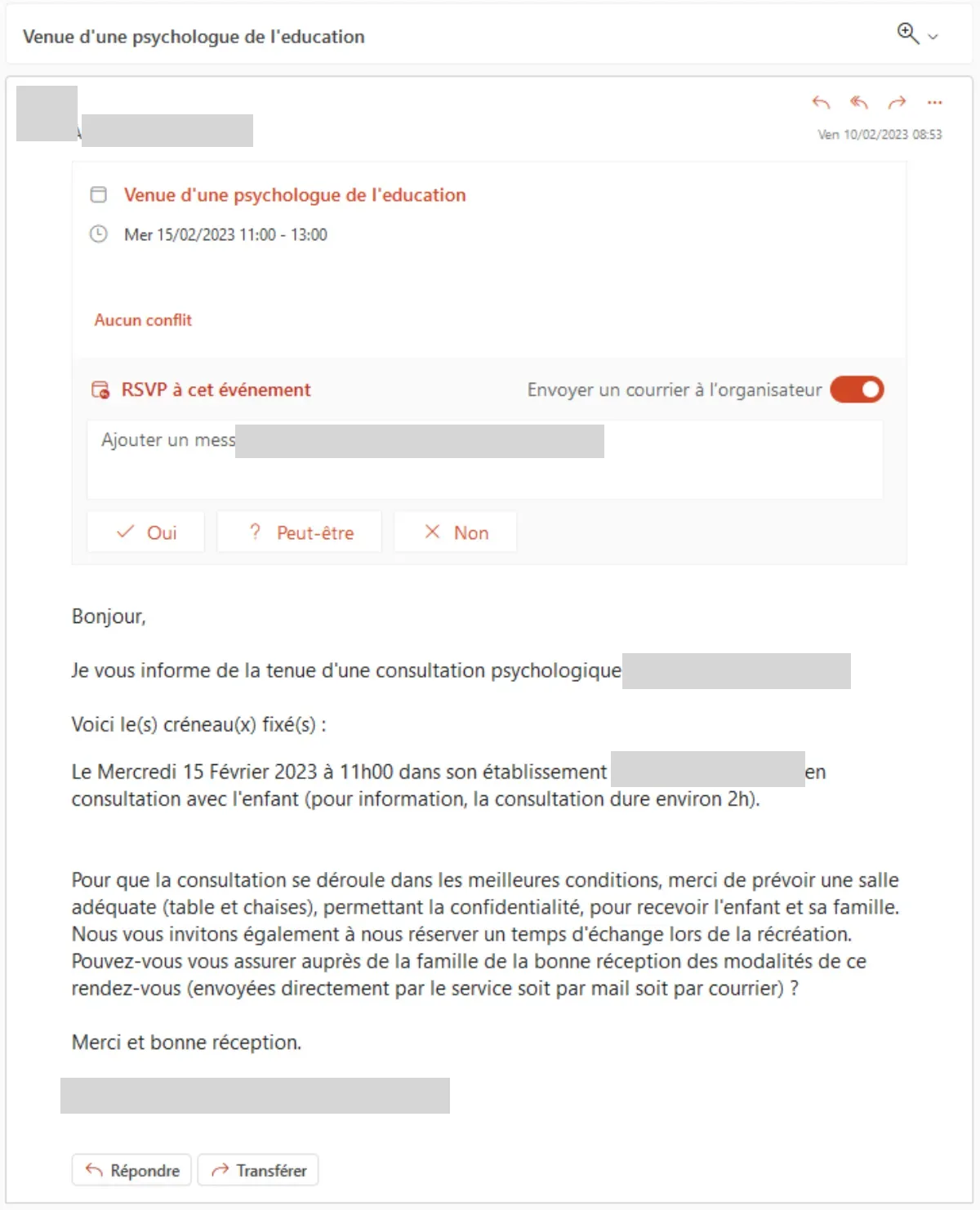 Invitation reçue dans Outlook pour la venue d'une psychologue de l'éducation, avec les boutons de réponse Oui, Peut-être et Non