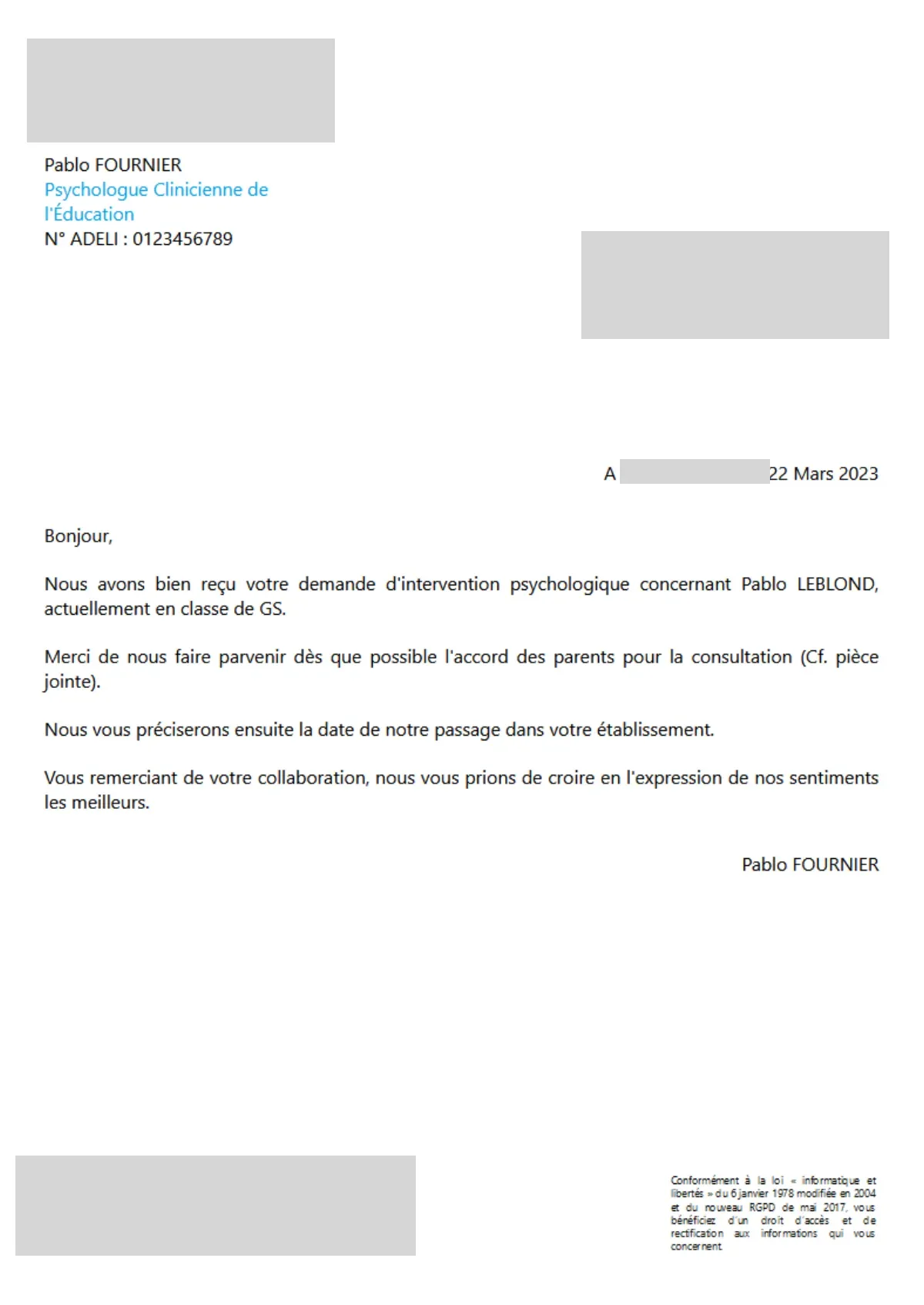 Courrier d'accusé de réception d'une demande d'intervention, à l'en-tête de l'enseignement catholique, pré-rempli avec les informations de l'élève
