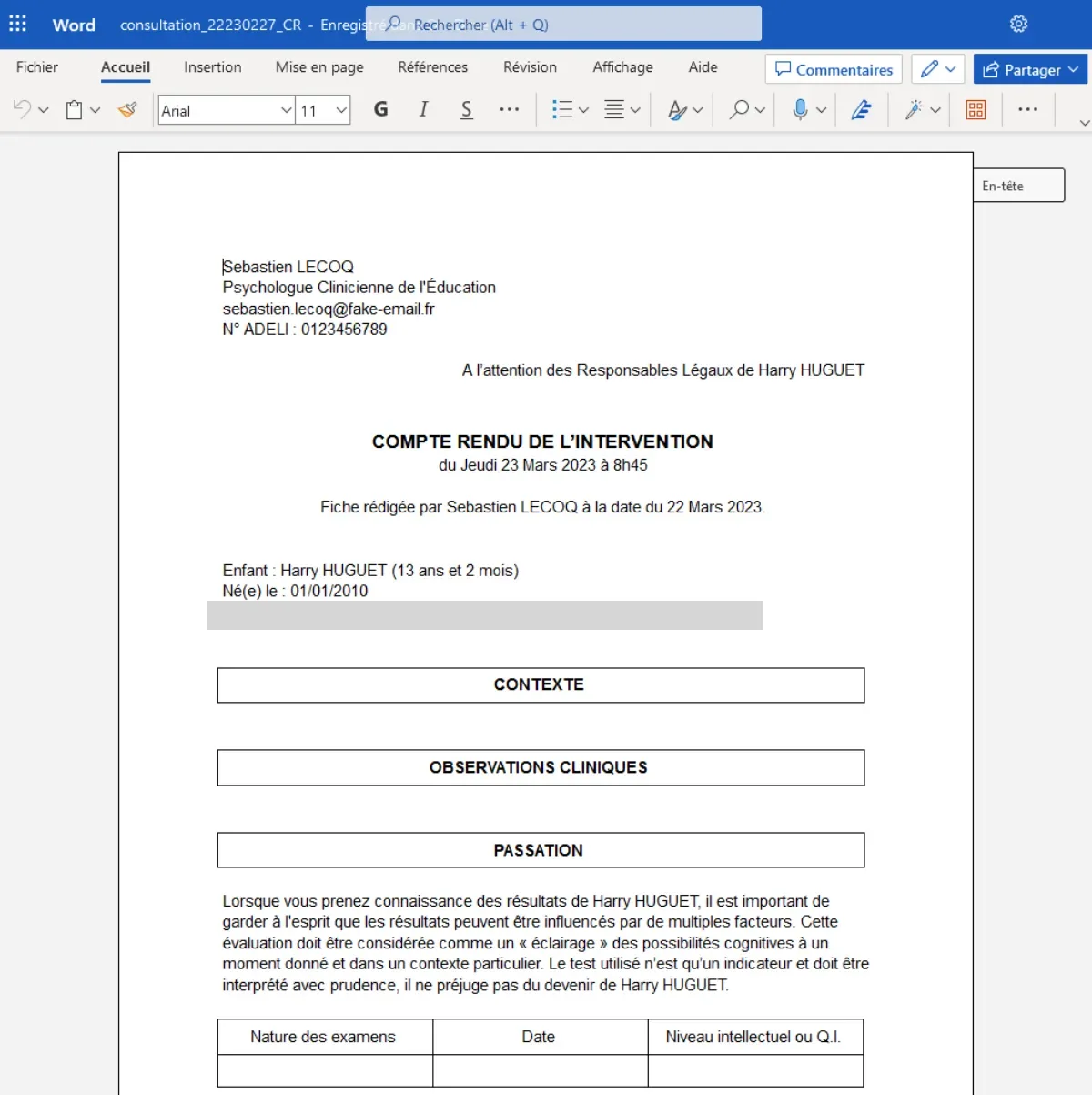 Compte rendu d'intervention ouvert dans Word, pré-rempli avec l'identité de l'élève et les rubriques Contexte, Observations cliniques et Passation
