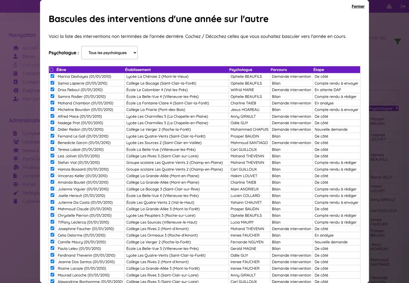 Fenêtre de bascule des interventions d'une année sur l'autre : filtre par psychologue et liste à cocher des interventions non terminées de l'année précédente