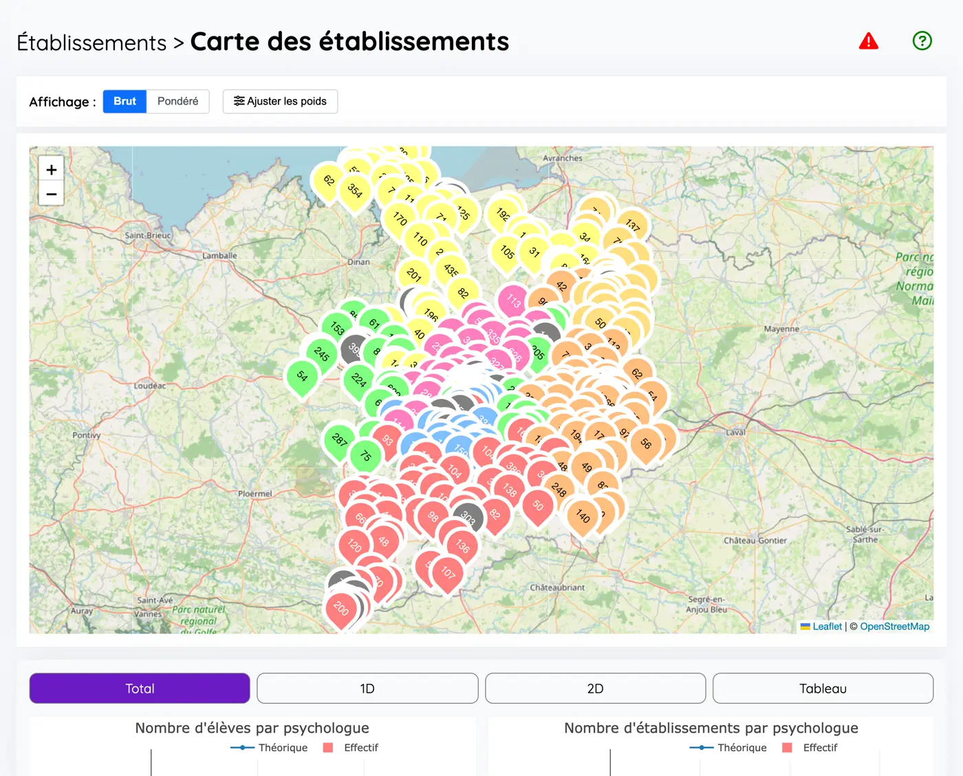 Carte des établissements du département, chaque marqueur portant son effectif d'élèves et la couleur du psychologue qui en a la charge