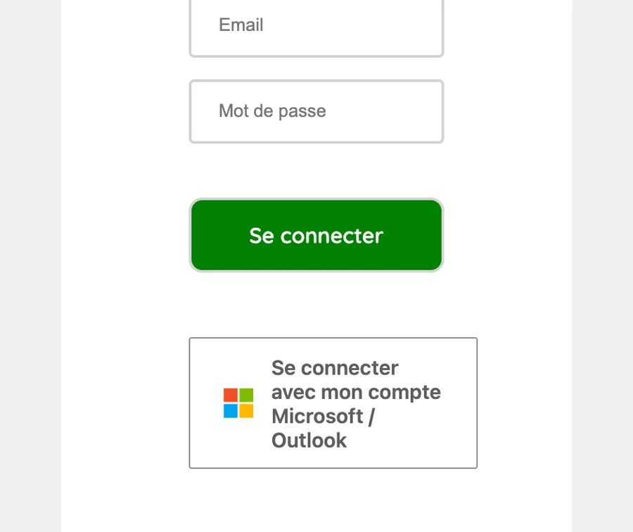 Écran de connexion à PSYCAJOUR : champs e-mail et mot de passe, puis le bouton « Se connecter avec mon compte Microsoft / Outlook »