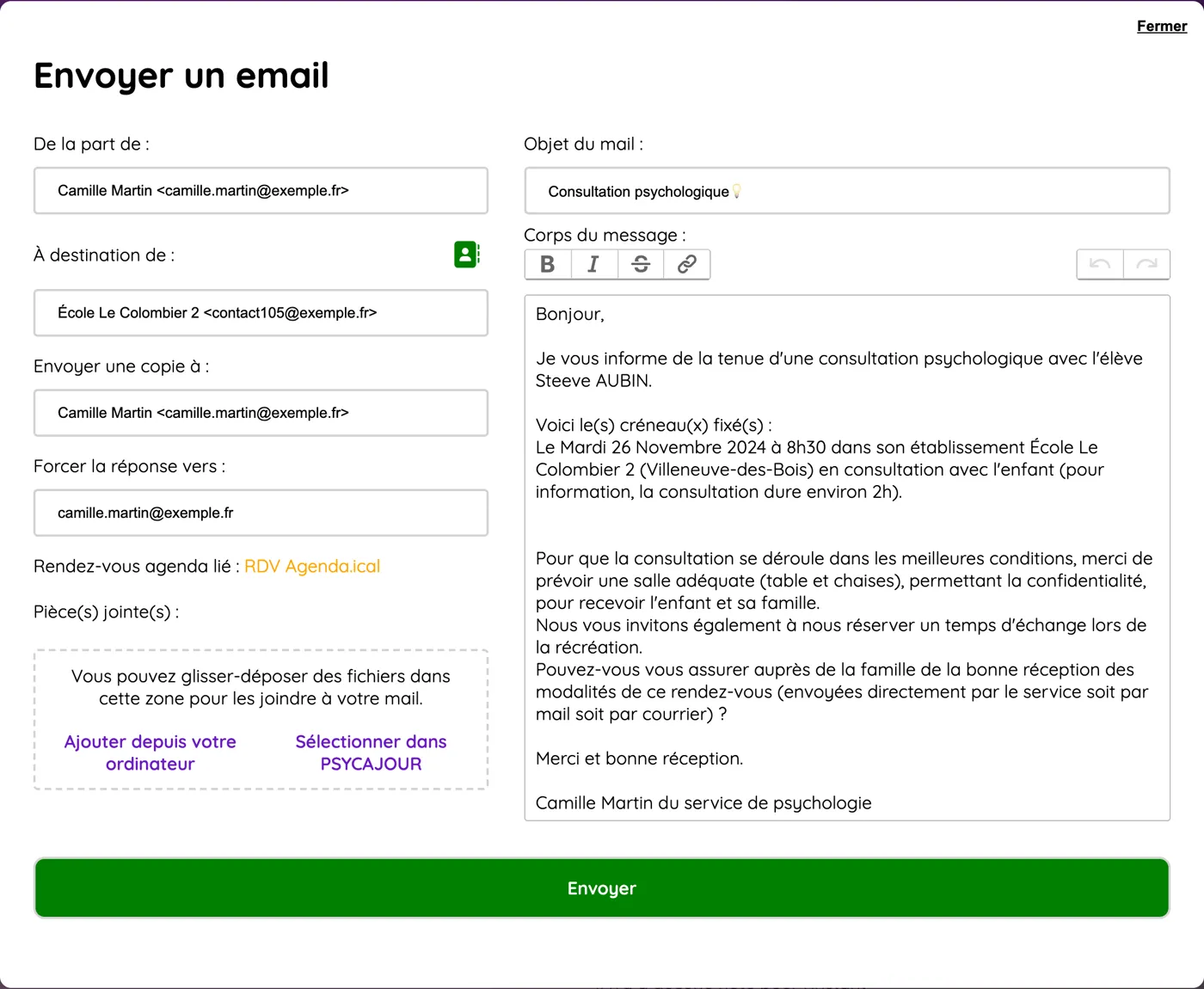 Fenêtre d'envoi d'un mail depuis une intervention : expéditeur, destinataire, copie, message pré-rempli, et une zone de pièces jointes proposant de sélectionner un document déjà présent dans PSYCAJOUR