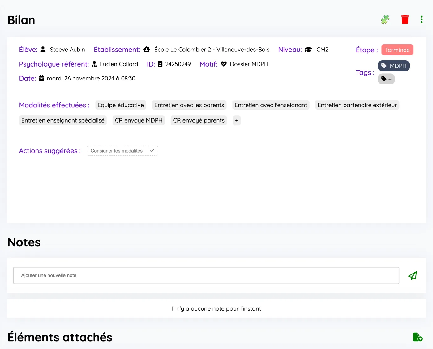 Fiche d'une intervention de type bilan : élève, établissement, étape, motif, modalités effectuées et actions suggérées