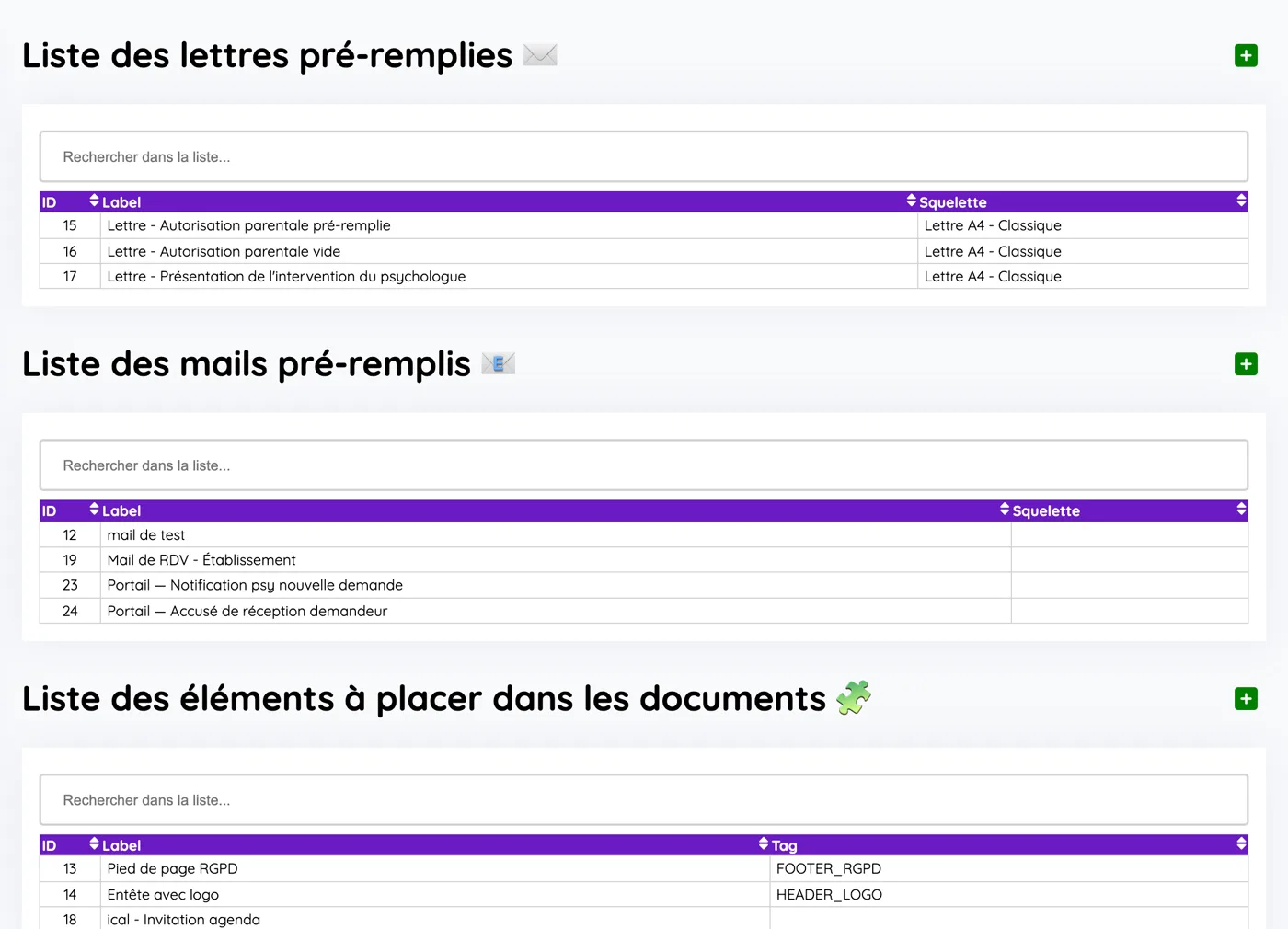 Listes des modèles de lettres et de mails pré-remplis, et des éléments à placer dans les documents