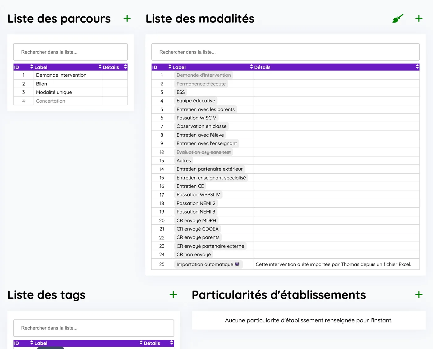 Écran de paramétrage : liste des parcours à gauche, liste des modalités d'intervention à droite