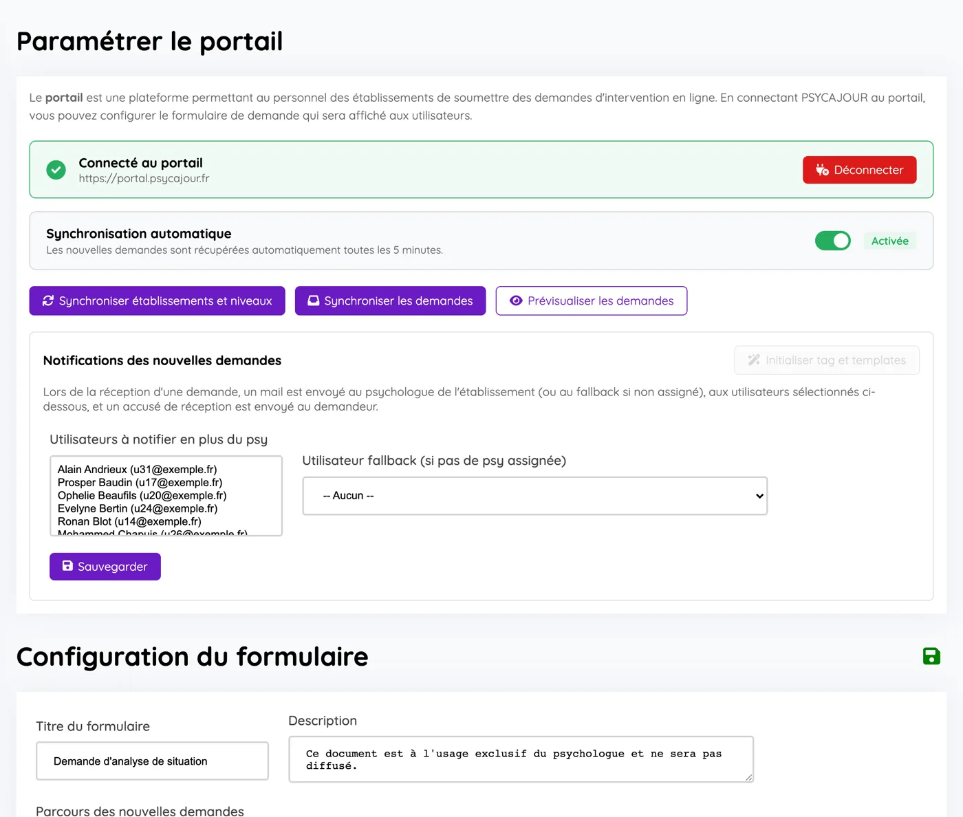 Écran de paramétrage du portail : état de la connexion, synchronisation automatique des demandes et choix des utilisateurs à notifier